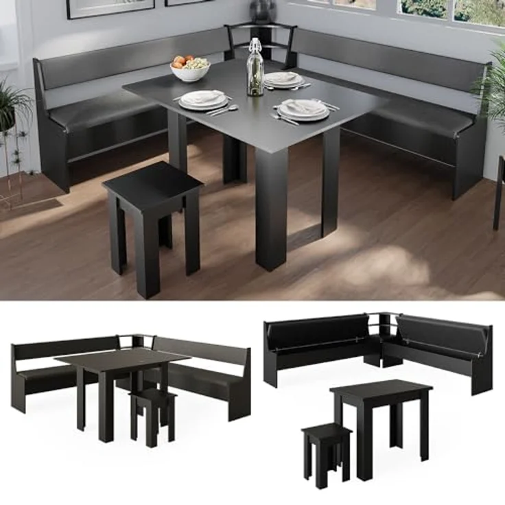 Vicco Eckbankgruppe 'Roman', Schwarz, Holzwerkstoff, 210x80x210 cm, inklusive Tisch für Esszimmer und gesellige Runden – Bild 2