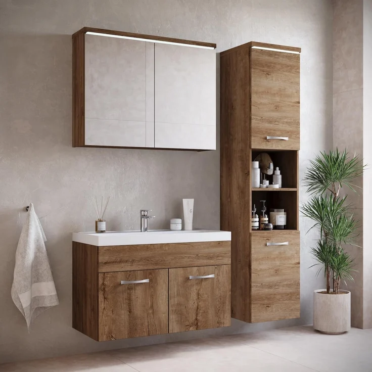 Badplaats Badmöbel Set mit Waschbecken und Unterschrank Paso 01 80 x 40 cm Braun Eiche - Waschbeckenunterschrank mit Waschbecken – Bild 2