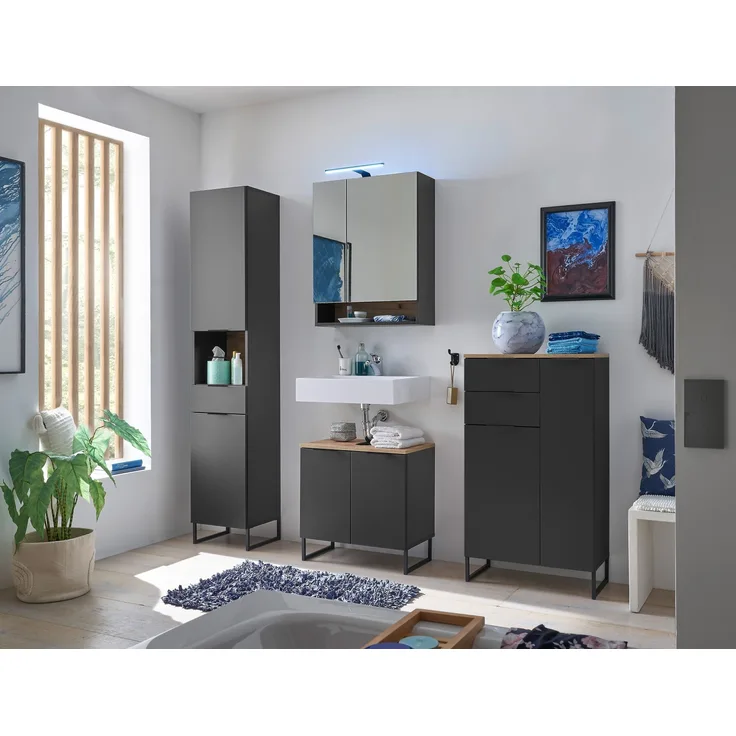 Badezimmer-Set >Denver< (4-tlg.) in schwarz / Evoke Eiche Dekor - 200x195x35 (BxHxT)