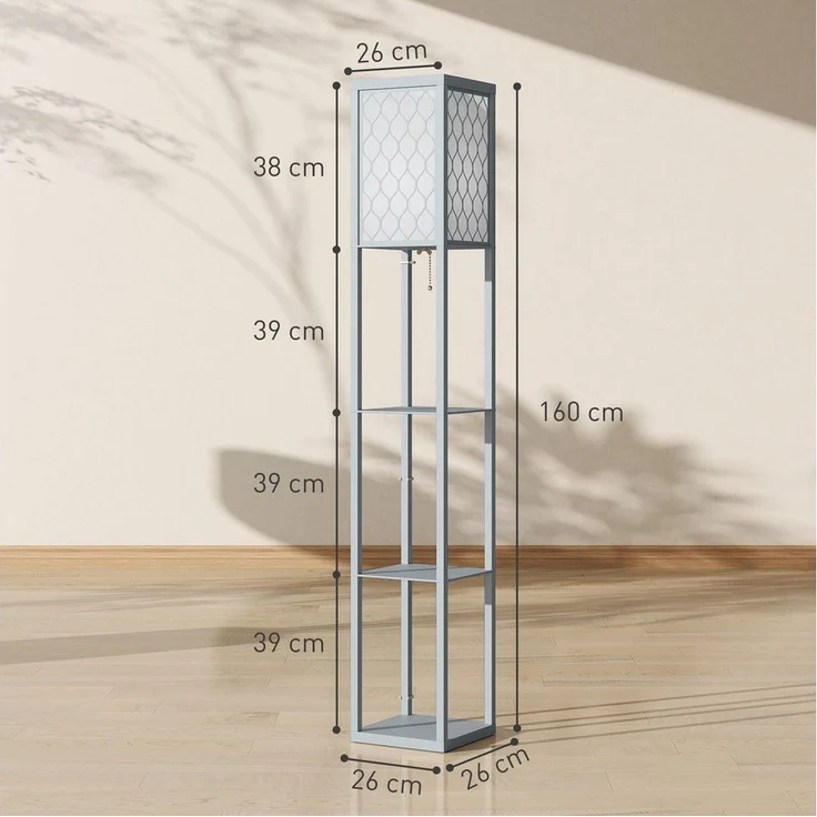 HOMCOM Stehlampe mit Regale, ohne Leuchtmittel, 3 Fächer Stauraum, Hellgrau+Weiß – Bild 2