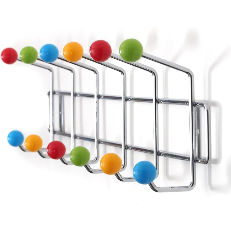 DESIGN DELIGHTS GARDEROBENLEISTE Colour Ball BUNT Silber| 50 x 15,5 x 6,5 cm(LxHxT) | farbenfrohe Wandgarderobe, Garderobe mit 12 Haken, Hakenleiste mit bunten Kugeln