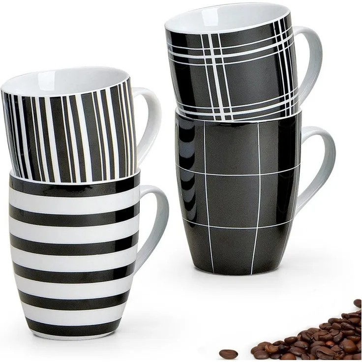 matches21 HOME & HOBBY Tasse Kaffeetassen 4er Set Streifen & Karo-Design, 4-tlg, Porzellan, Tee Kaffee-Becher, klassisch, schwarz weiss gestreift, 300 ml