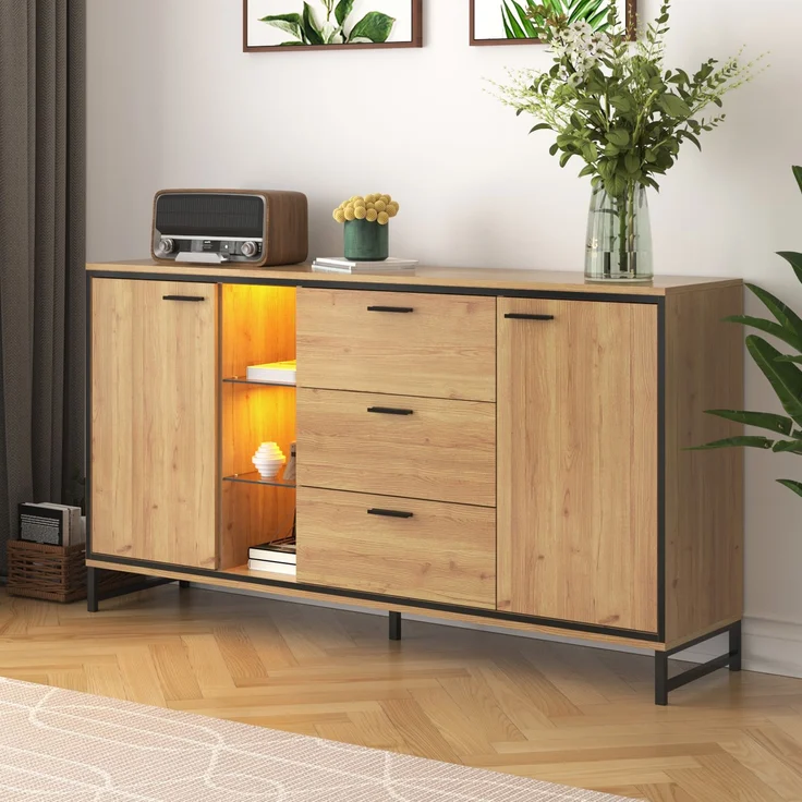 Sideboard modern mit LED Lichteffekt, 160 x 40 x 85 cm,Aufbewahrungsschrank mit 16 Farben, verstellbaren Regalen & Eisenfüßen – Bild 2