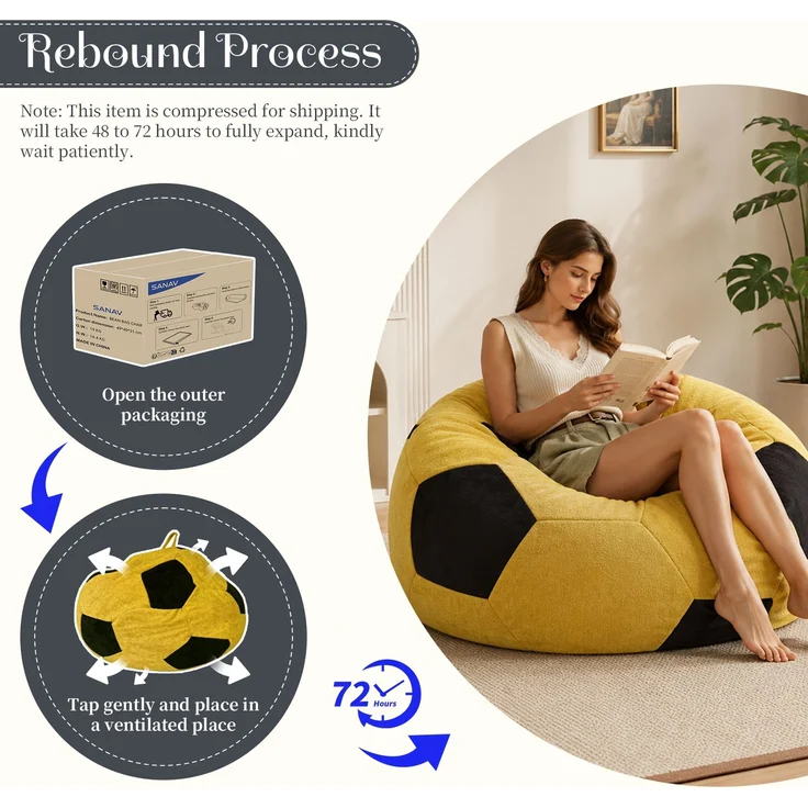 Kleiner, fußballförmiger Sitzsack, mehrfarbige Ziernähte, großer Sitzsack, bequemes Sofa zum Entspannen für Schlafzimmer, Wohnzimmer, Leseecke, Lounge-Sessel für Erwachsene und Jugendliche – Gelb + Schwarz – 48 x 38 x 21 cm – YOUDENOVA – Bild 7