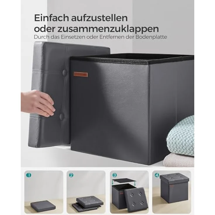 SONGMICS Sitzhocker 38 cm, Aufbewahrungsbox faltbar, Fußhocker mit Deckel, aus Kunstleder, bis 300 kg belastbar, für Eingang, Wohnzimmer, Schlafzimmer, schiefergrau LSF030G11 – Bild 7