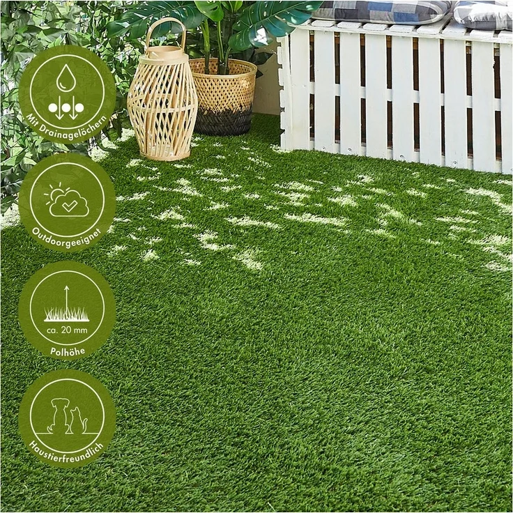 KONIFERA Kunstrasen Havanna, rechteckig, Höhe: 20 mm, für Balkon & Terrasse, realistische Rasenoptik, mit Drainagelöchern – Bild 1