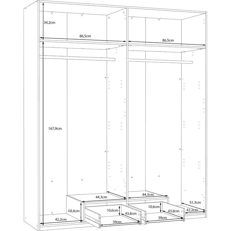 Forte TRAWEN Kleiderschrank 170 180, moderner Kleiderschrank, 4-türig, Schublade, Schlafzimmerschrank, Holzwerkstoff, Weiß, 177,5 cm breit x 210,5 cm hoch x 54,2 cm tief – Bild 7