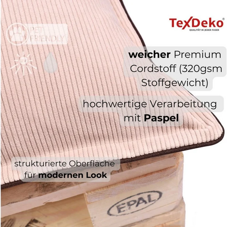 TexDeko Palettenkissen TexDeko Cord 2-TLG Palettenkissen-Set wasserabweisend, 1x Palettenkissen (Sitzkissen) + 1x Rückenkissen, Premium Qualität – Bild 4