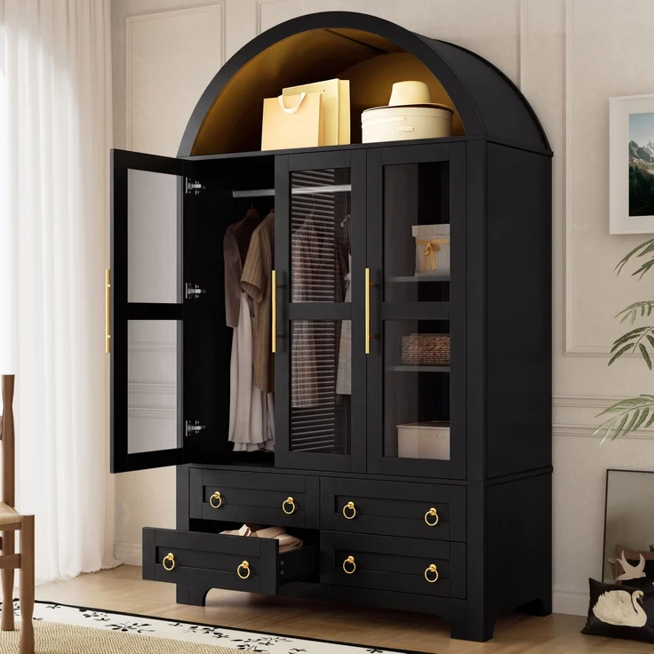 Kleiderschrank 110x50x186 cm mit 3 Glastüren, 4 Schubladen und App-steuerbarer LED-Beleuchtung – Schwarz – Bild 4