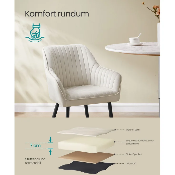 SONGMICS Esszimmerstuhl mit Armlehnen, Samt, 62,5 x 60 x 85 cm, 1x Armlehnenstuhl, Cappuccinobeige – Bild 4