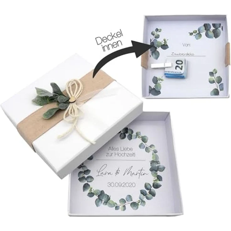 ZauberDeko Geschenkbox Geldgeschenk Verpacken MIT NAME Geschenk Hochzeit Herz Weiß Eukalyptus – Bild 2