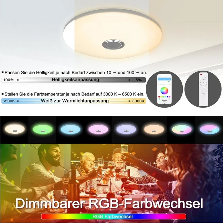 FIVMEN LED Deckenleuchte LED Deckenlampe 60W/72W Dimmbar mit Bluetooth Lautsprecher, LED fest integriert – Bild 2