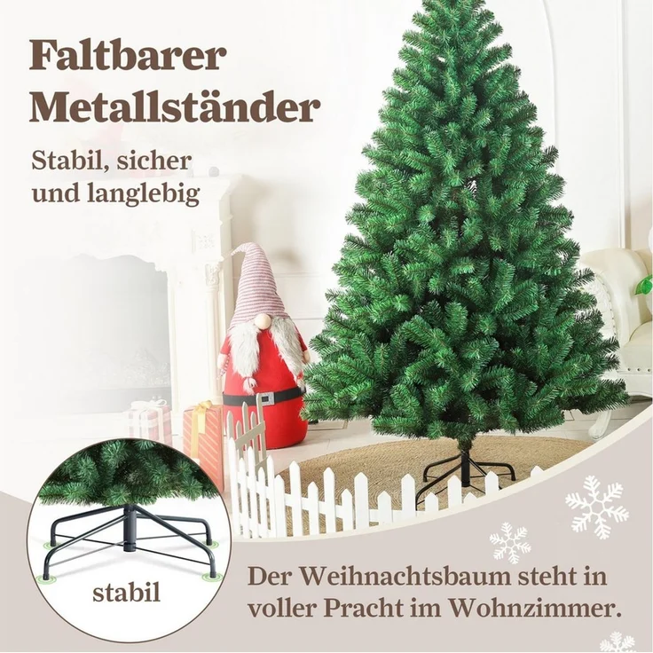 Sinaopus Künstlicher Weihnachtsbaum mit Beleuchtung, 180cm Weihnachstbaum aus PVC, Metallständer, Tannenbaum künstlich, schwer entflammbare, geruchlose PVC-Nadeln, 1200 Spitzen, 8 Lichtmodi, mit Lichterkette & Handschuhe – Bild 3
