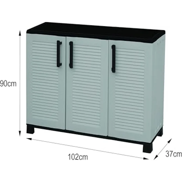 Dmora - Outdoor-Garderobe aus Fell, Mehrzweck-Balkongarderobe, 3-türiger Outdoor-Schrank, 100% Made in Italy, 102 x 37 x 90 cm, Hellgrau und Schwarz, gestreifte Oberfläche – Bild 2