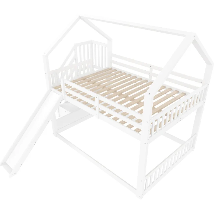 Etagenbett mit Stauraumtreppe und Rutsche, Hausbett(Ohne Matratze), Kinderbett mit Geländer,geeignet für Kinder, Jugendliche, 140x200 cm, Weiß – Bild 7