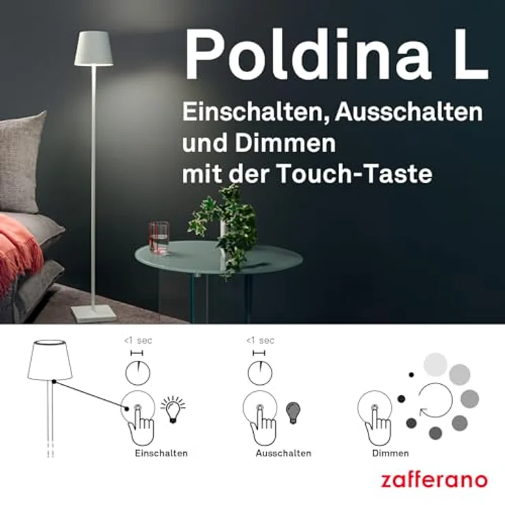 Zafferano, Poldina Lampe L, Kabellose, Wiederaufladbare Stehlampe mit Touch Control, Geeignet für Wohnzimmer und Außenbereich, Dimmer, 2200-3000 K, Höhenverstellbar 52-122 cm, Farbe Weiß – Bild 6