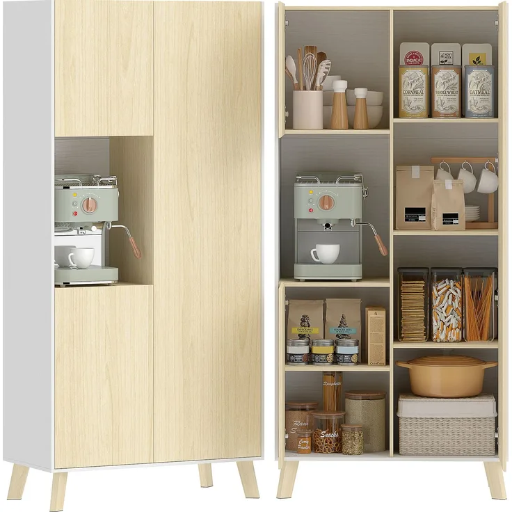 Rayofly-Moderner Küchenschrank mit offenem Fach & verstellbaren Regalen, Naturholz-Optik, H 170cm x T 80cm x B 40cm