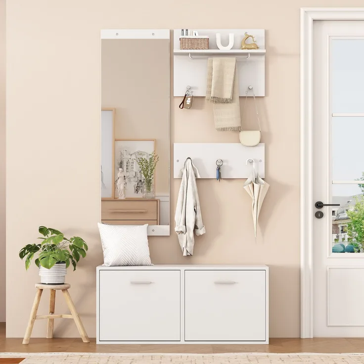 90*30*41.5cm Garderoben-Set 4-teilig mit Spiegel,2 Hutablage und Schuhschrank. Flur Garderobenständer Kleiderständer Set,Flurgarderoben Set,Kompaktgarderobe mit 6 Kleiderhaken,Weiß