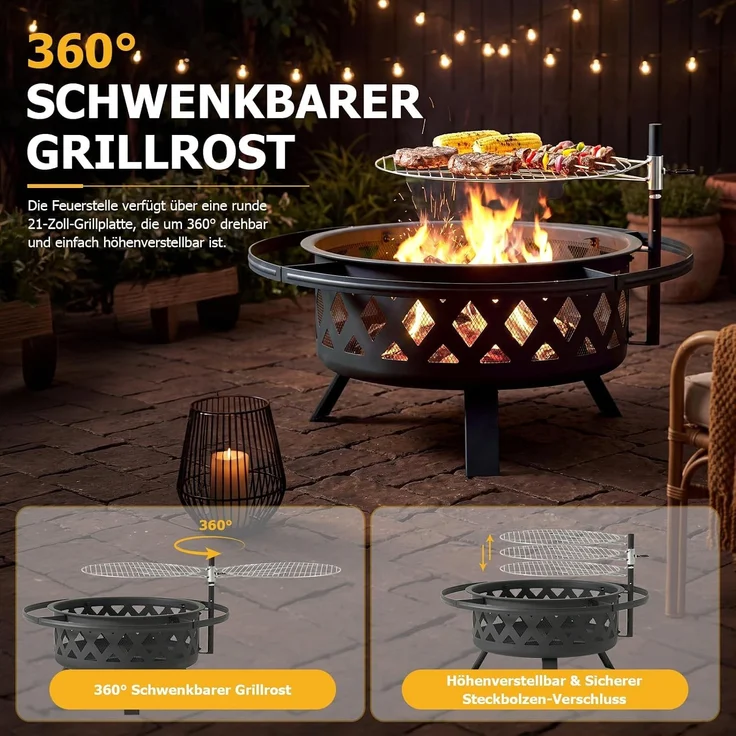Aoxun Feuerschale mit Grillrost und Funkenschutz, 2-in-1 Feuerstelle für Garten & Terrasse, 360° Schwenkgrill mit Höhenverstellung, 77x77x53,5cm, Outdoor Feuerkorb zum Grillen und Heizen,Schwarz – Bild 4
