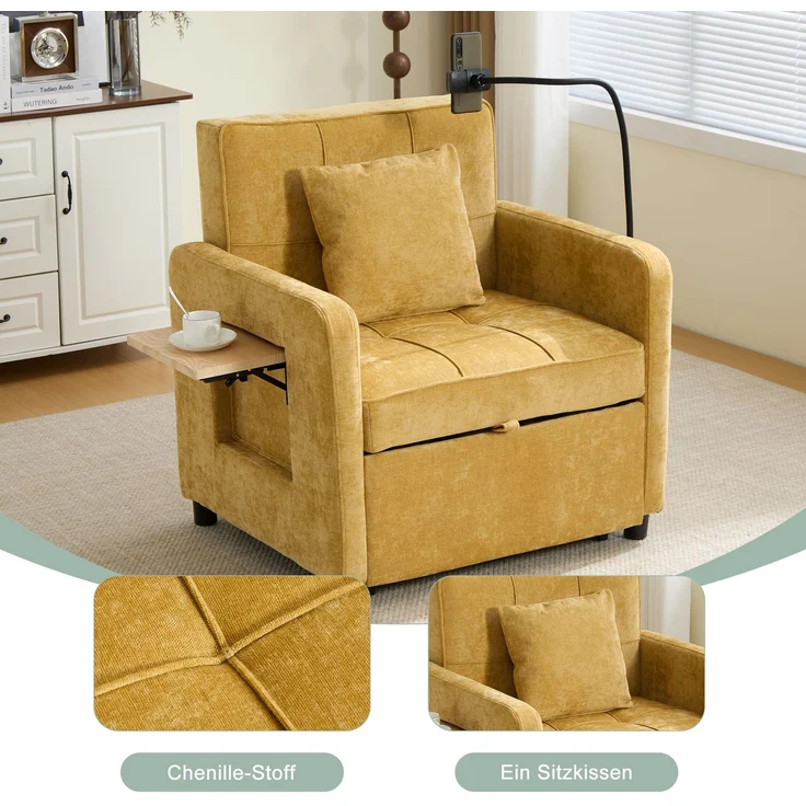 LVHOM Multifunktionaler Schlafsessel mit klappbarer Ablage, Ausziehbares 1-Sitzer Schlafsofa mit Handyhalter und Seitentaschen, Loungesessel, Gelb – Bild 7