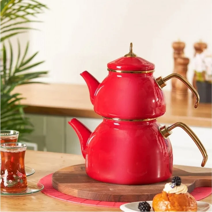 Karaca Teekanne Karaca Retro Emaille-Teekannen-Set, 3.4L, Rot, Induktionsgeeignet – Bild 2