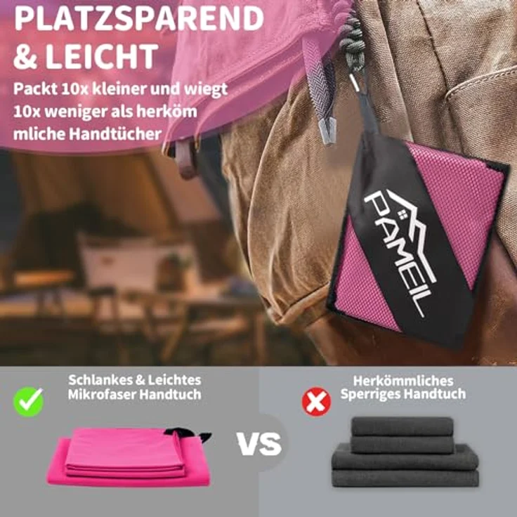 Pameil Mikrofaser Handtuch 3er Set, schnelltrocknend und super saugfähig, 1 großes Badetuch (160x80cm) + 2 kleine Handtücher (80x40cm), rosa – Bild 4