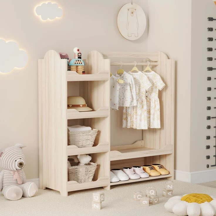 Kindergarderobe mit Sitzbank, Kleiderstange & vier offenen Regalen, aus Kiefer + E1-MDF, Natur, Kinderzimmer Aufbewahrungsschrank, Maße H110 × T39 × B110 cm – Bild 4