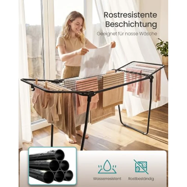 SONGMICS Wäscheständer, Standtrockner 47 x 150 x 91 cm, Flügelwäscheständer, Flügelwäschetrockner platzsparend, Metall, für Kleidung, Handtücher, tintenschwarz LLR520BH01 – Bild 7