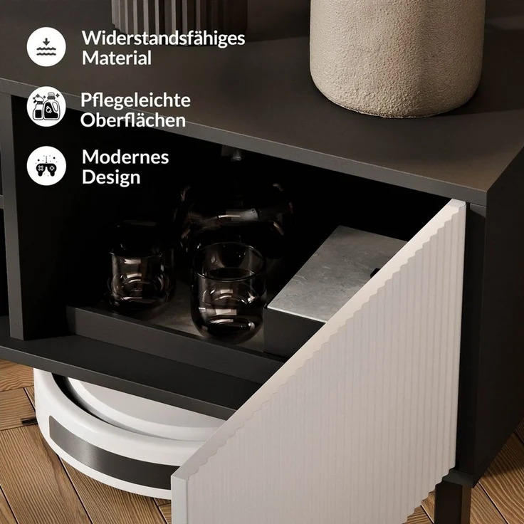 Planetmöbel TV-Schrank Liora TV Board, Lowboard 150 cm lang, TV Kommode (für Fernseher bis 65 Zoll, 1-St, Fernsehtisch für Wohnzimmer, viel Stauraum) Fernsehschrank mit zwei offenen Fächern – Bild 4