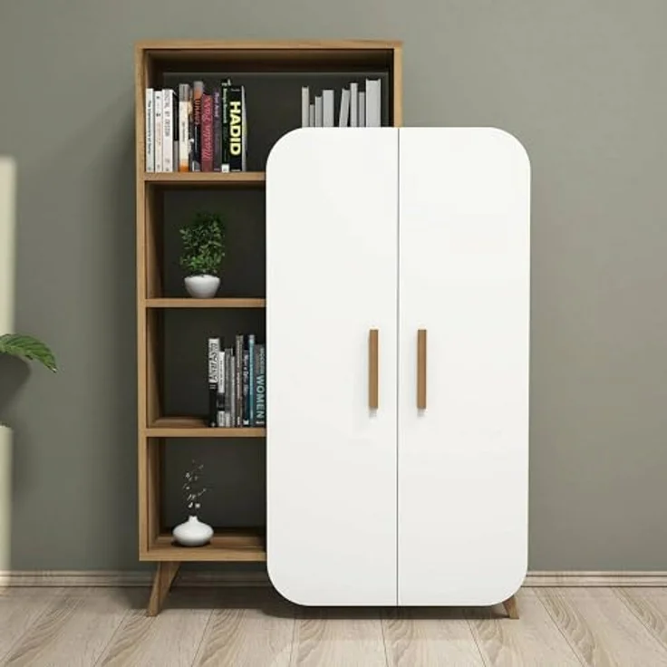 Dmora - Kommode Capella, Wohnzimmerbuffet, Wohnzimmer-Sideboard, Moderne Küchen-Speisekammer, 90x32h132 cm, Walnuss und Weiß – Bild 7