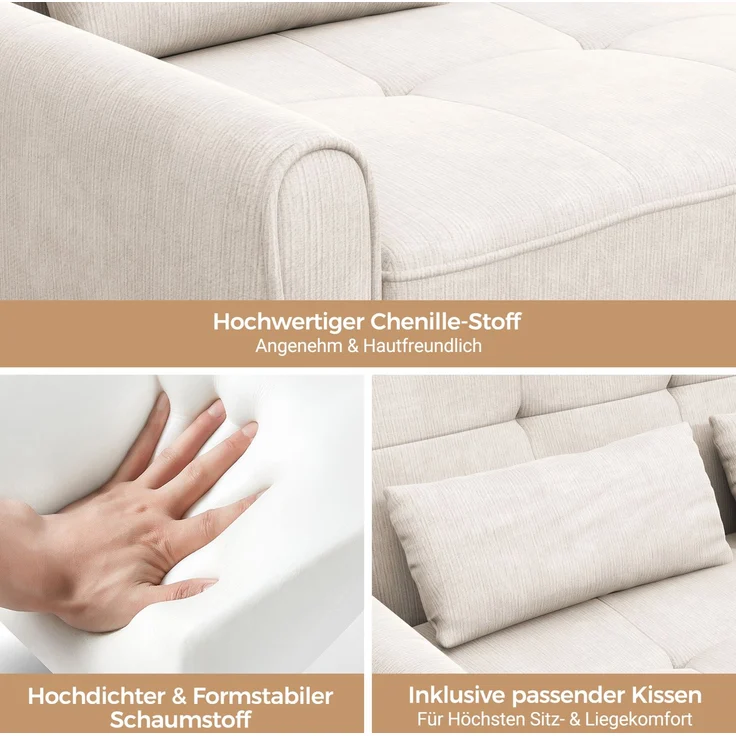 DESVIAE Schlafsofa 3-Sitzer Beige aus Chenille – 176x83x148 cm – Ausziehfunktion, 3-fach verstellbare Rückenlehne – Bild 6
