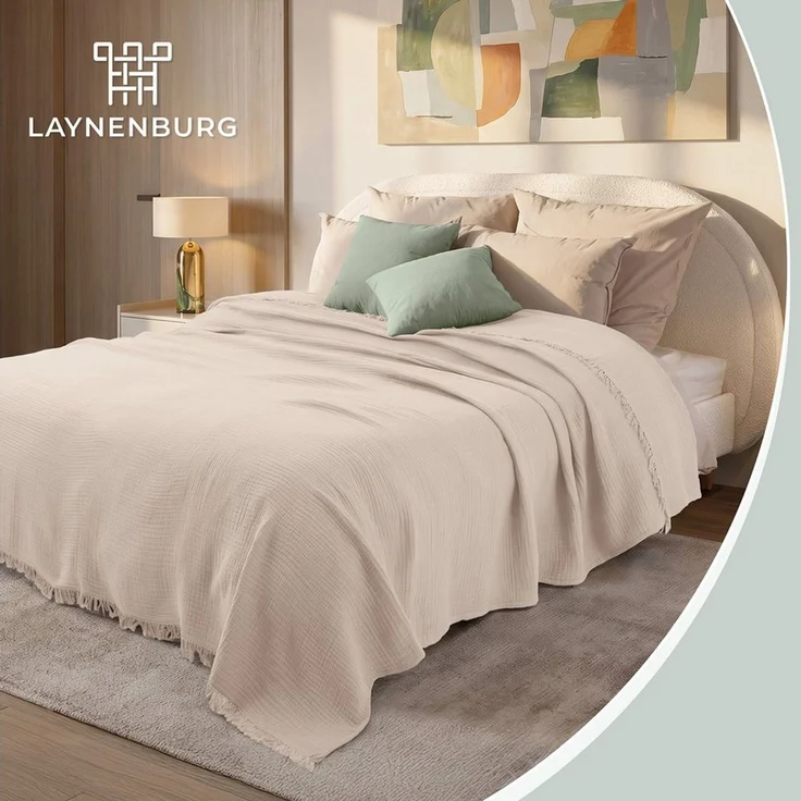 Laynenburg Tagesdecke Musselin mit Fransen aus 100% Baumwolle – Baumwolldecke, Wohndecke als Sommerdecke, Bett-Überwurf, Sofa-Decke, Kuscheldecke – Bild 2