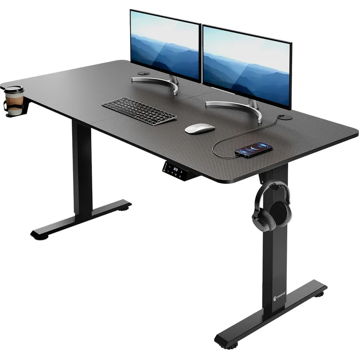 Casaria Höhenverstellbarer Schreibtisch mit Tischplatte, Elektrisch, LCD- Display, Carbon Optik, 140x60 cm