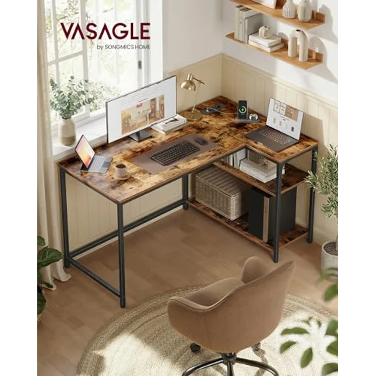 VASAGLE Eckschreibtisch in L-Form, Computertisch mit Stauraum, Bürotisch, höhenverstellbare Ablage, für Homeoffice, mit 2 AC-Steckdosen und 2 USB-Anschlüssen, 120x80 cm, vintagebraun LWD132KD01 – Bild 3