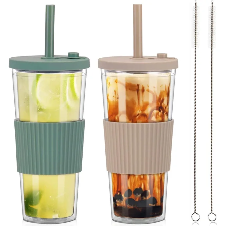 Bubble Tea Becher 24oz mit Deckel Strohhalm Grün Kaffee 2er Set