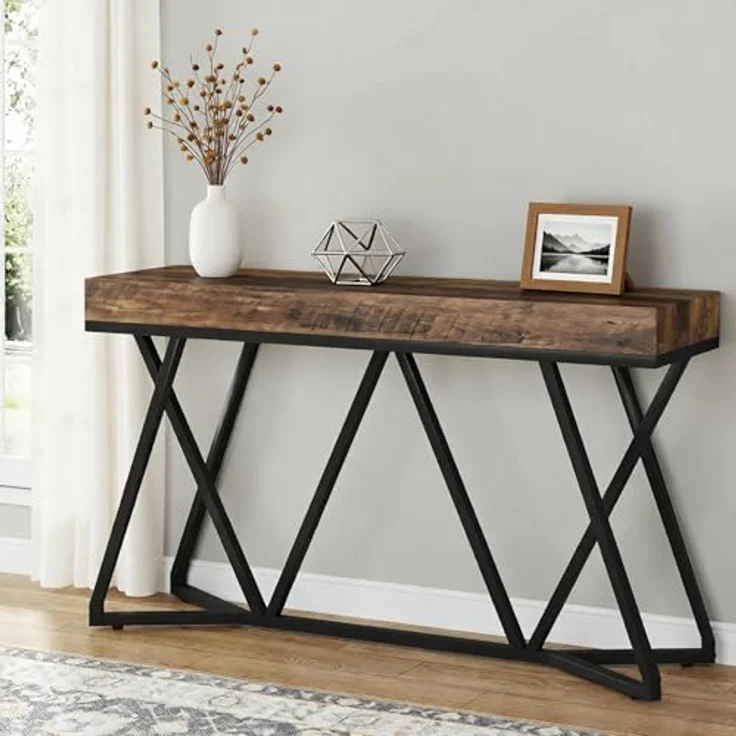 LITTLE TREE Konsolentisch mit Metallgestell, 140 cm Sofatisch im Industrial Landhausstil, Hoher Eintrittstisch für Flur & Wohnzimmer, Rustikale Holzoptik, Stabile Konstruktion, Rustikales Braun – Bild 6