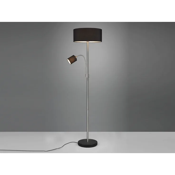 Stehleuchte MOTEL Silber mit Leselicht & Stoffschirm Schwarz, 163cm