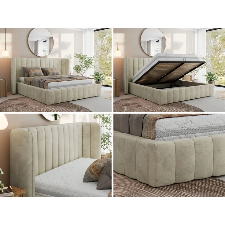 Polsterbett GOLETTA CLASSIC 180 x 200 cm mit gepolstertem Kopfteil, stabilem Bettrahmen, Lattenrost und Bettkasten mit Gasdruckfedern, Doppelbett, zeitloses Design Foam Matratze - Beige Velvet - MIRO LUX – Bild 2