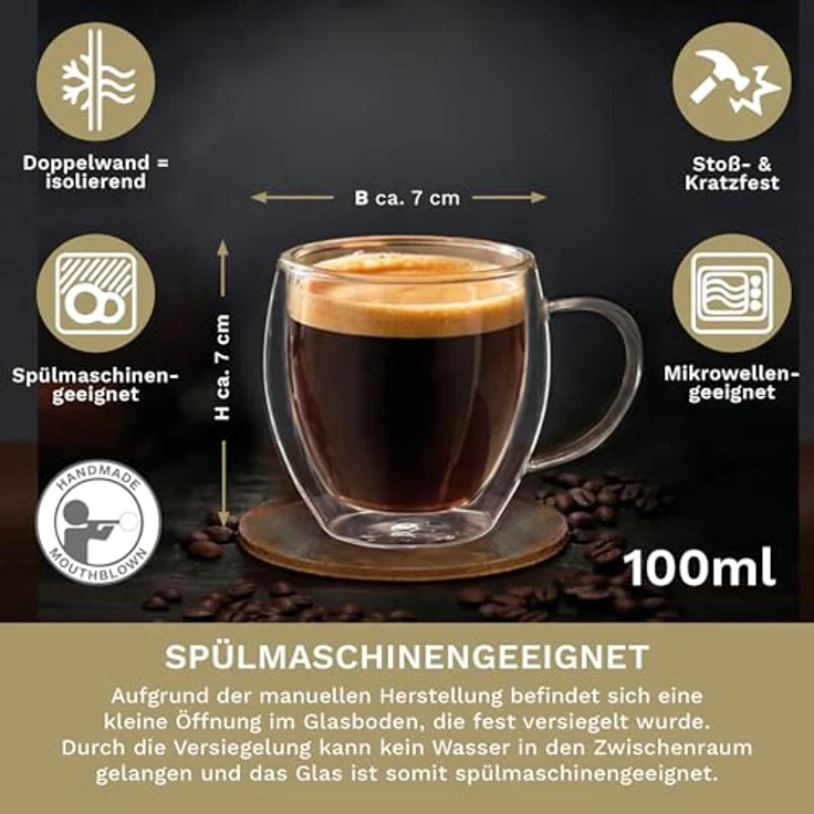Creano Teeglas Thermoglas Espressoglas hoch, Borosilikatglas, 4 Gläser – Bild 4