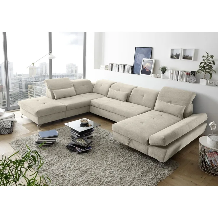 Couch MELFI L Sofa Schlafcouch Wohnlandschaft Schlaffunktion sand beige U-Form links
