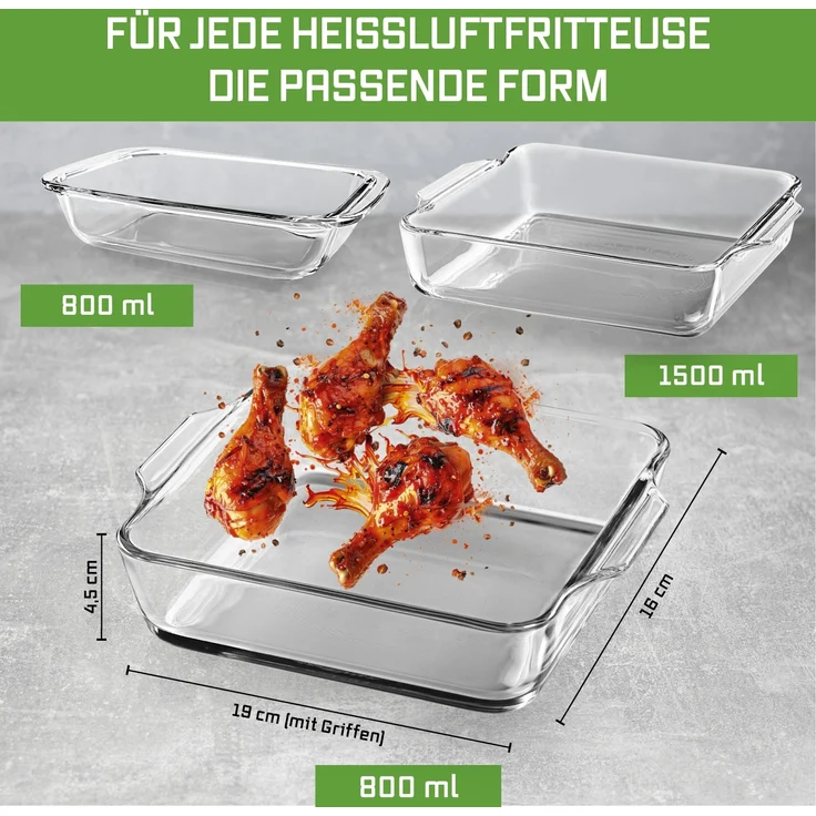 GOURMETmaxx Glas-Auflaufform 800ml transparent für Heißluft-Fritteusen quadratisch – Bild 8