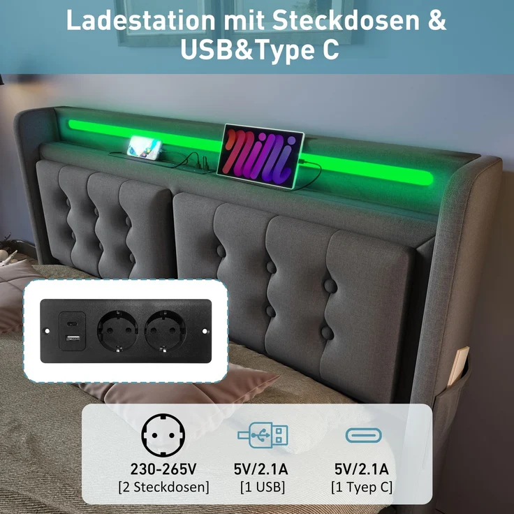 EINHOM Polsterbett 160x200 cm mit Hydraulisches, Doppelbett mit Led-Kopfteil, Baumwolle, Grau (Ohne Matratze) – Bild 3