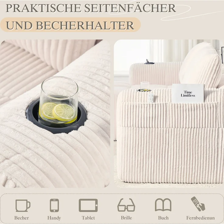 LVHOM Ecksofa 3 sitzer, Bodensofa mit Seitentaschen und Getränkehalter, Polstersofa aus Cordstoff, frei Kombination, Modulares Chaiselongue-Sofa-Set, 253x158x61 cm – Bild 4