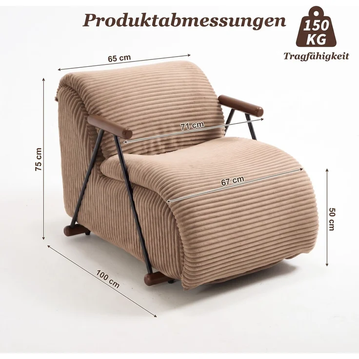 LVHOM Relaxsessel mit Lattenrost, ergonomischer Fernsehsessel, gepolsterter Loungesessel mit Armlehnen, XXL Lesesessel für Wohn- und Schlafzimmer, Cord Braun – Bild 6