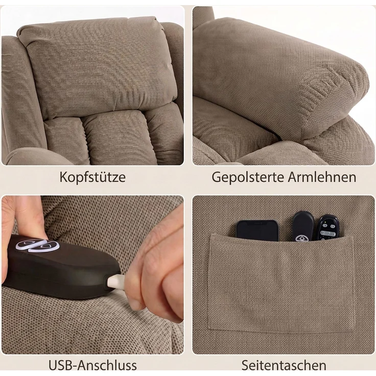 HOMCOM Fernsehsessel mit Aufstehhilfe, Samt, Braun, 93 x 104 x 100 cm – Bild 7