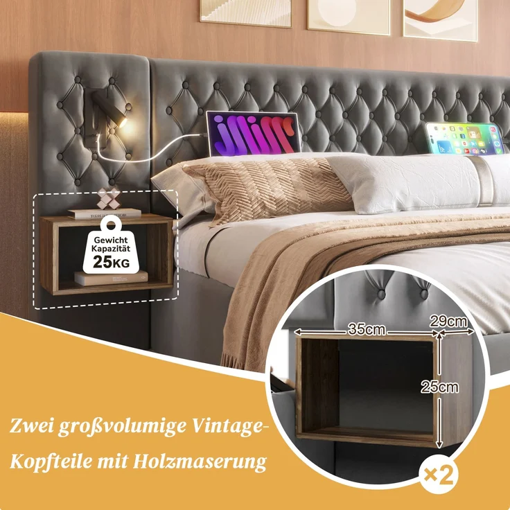 Bettanlage Schlafzimmer Komplett Set, Polsterbett Doppelbett 180×200 cm mit 2 Nachttischen und 4 Schubladen, Kopfteil Leselicht mit USB Ladefunkt – Bild 3