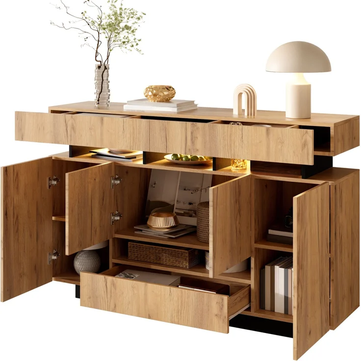 Sideboard 140 x 35 x 90 cm mit 4 Türen, 3 Schubladen und RGB-Beleuchtung – Natur/Schwarz – Bild 7