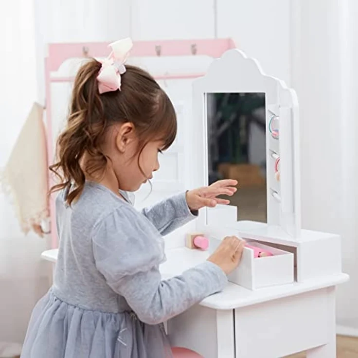Fantasy Fields by Teamson Little Princess Anna Medium Kinder Schminktisch Schminkset mit Spiegel, Schubladen & Stuhl Hocker für Kinder Weiß TD-13366D – Bild 7