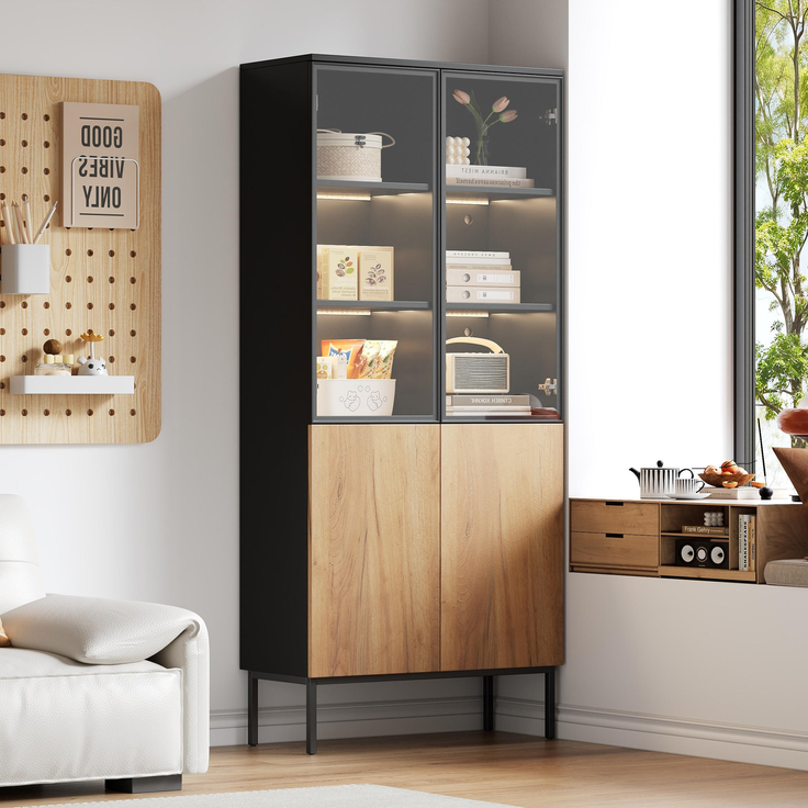 Vitrine mit Glastüren, 180 cm hoher Schrank mit LED-Leuchten, Bücherregal, 5-stöckige Glasvitrine für Sammlerstücke, Bücherregal, Büro, Schwarz/Eiche--Schwarz, Eiche--74x31x180cm--YOUDENOVA – Bild 3