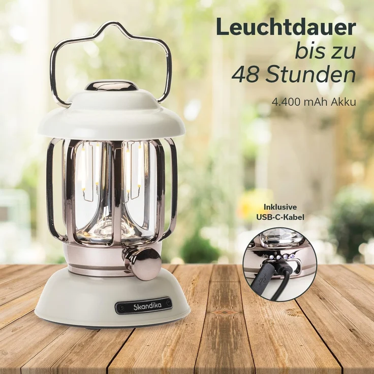 Skandika LED Gartenleuchte Campinglampe Forsol, Retro-Stil, Aufladbar, Tischlampe, Campingleuchte, stufenlos dimmbar, 4400mAh Akku, tragbar, Laterne Warmweiße Lichtfarbe – Bild 4